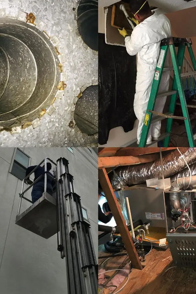 Collage of duct and attic work: round duct, suited technician on a ladder, attic equipment