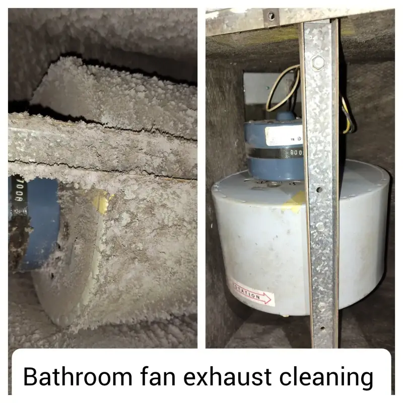 Bathroom fan exhaust packed with dust next to the fan housing