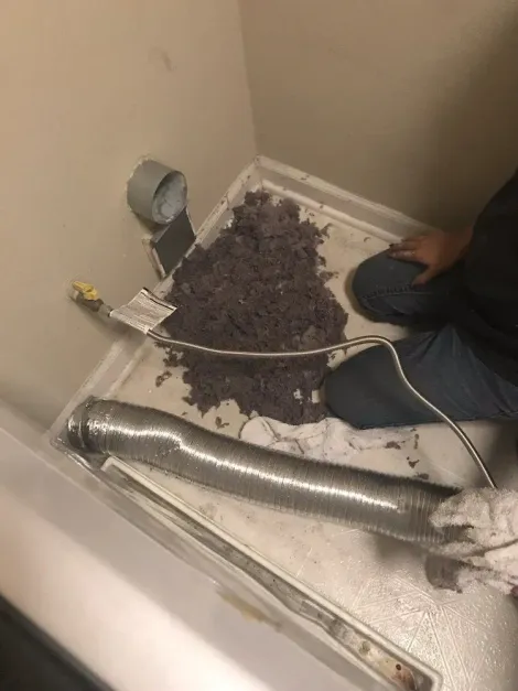 A pile of dryer lint pulled out onto a laundry room floor