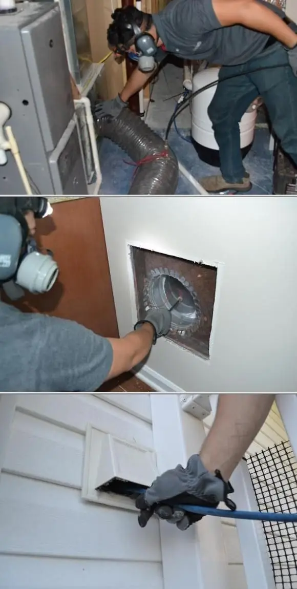 Technician in a respirator working a dryer vent and its wall cap, in three frames
